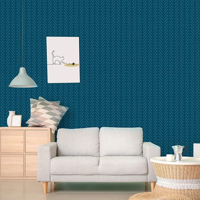 Erfoni Blue and White Peel and Stick Wallpaper Modern Herringbone Contact Paper - Image 2