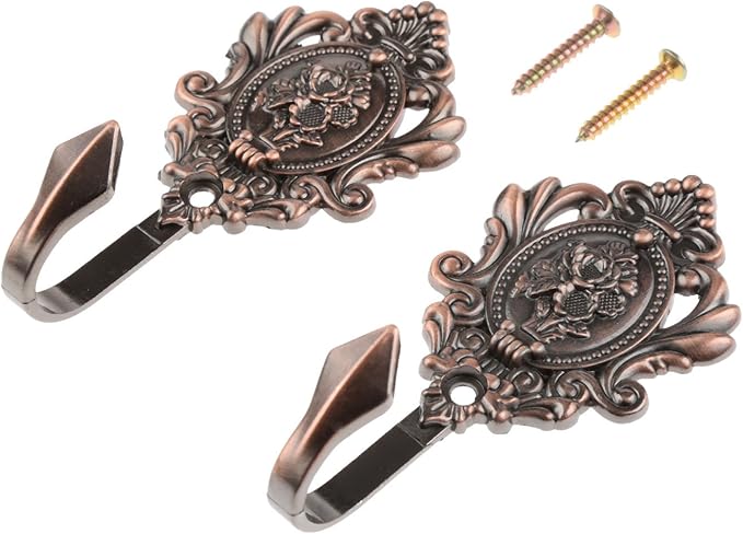 2Pcs Wall Hooks Red Copper Rose Pattern Carved Vintage Drapery Clothes Key Hook by Hicello