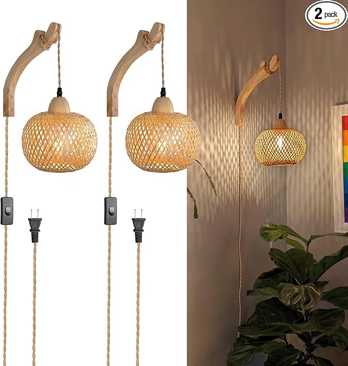 Frideko Bamboo Wall Sconces Set of Two Plug in, Boho Wall Lamp by FRIDEKOHOME