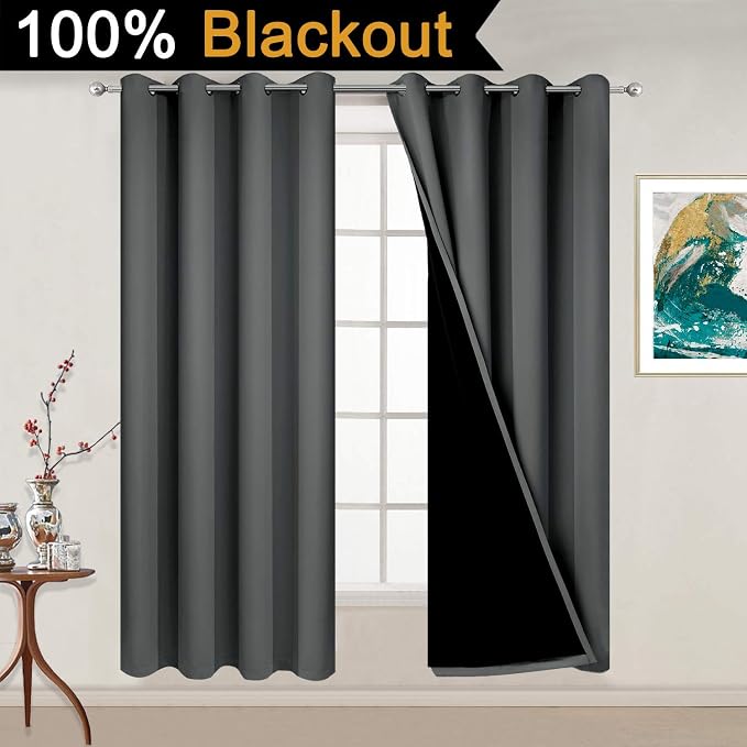 Yakamok Dark Grey 100% Blackout Curtains 54 Inch Length, Heat and Full Light - Image 2