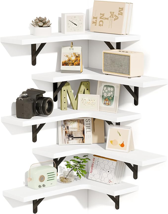 Fixwal Floating Shelves for Wall Set of 5, Rustic Wood Wall Mounted Corner by Fixwal