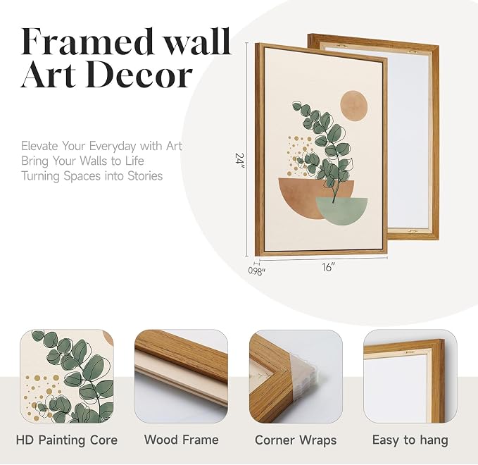 Framed Abstract Boho Wall Art for Living Room, Large Botanical Sage Green Plant - Image 4