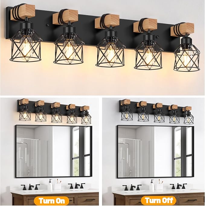 FadimiKoo 5-Light Wooden Black Bathroom Light Fixtures, Rustic Style Vanity - Image 4
