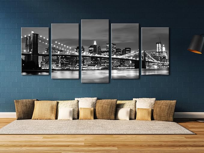 Wieco Art Large Brooklyn Bridge Night View Modern Giclee Canvas Prints Artwork - Image 2
