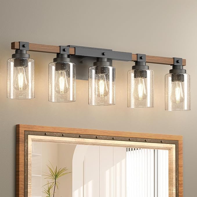 Amico Farmhouse Vanity Light Fixtures, Rustic 5-Light Industrial Painted Wood by Amico