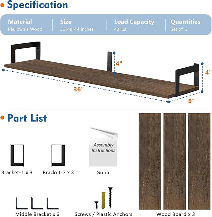 Harwaya Floating Shelves for Wall 36 Inches Long 8 Inch Deep, Large Wall Book - Image 3