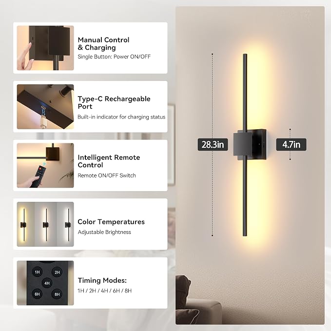 Battery Operated Wall Sconces Set of 2,  8000mAh Rotatable - Image 4