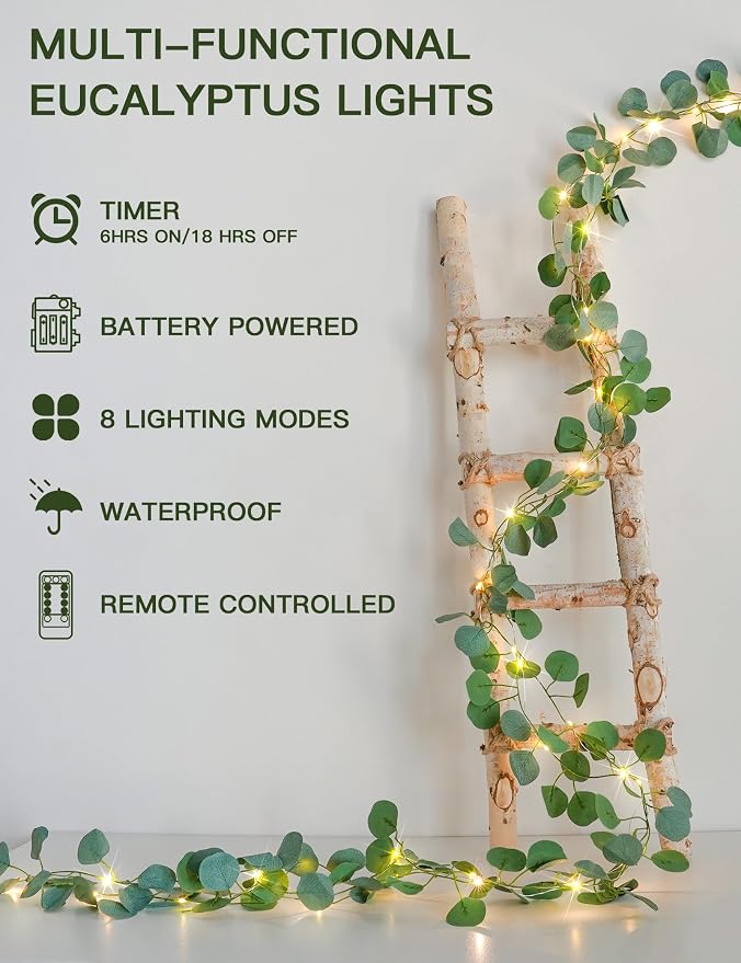 suddus Vines with Lights Battery Operated, 33ft 100 LED Eucalyptus Garland - Image 2