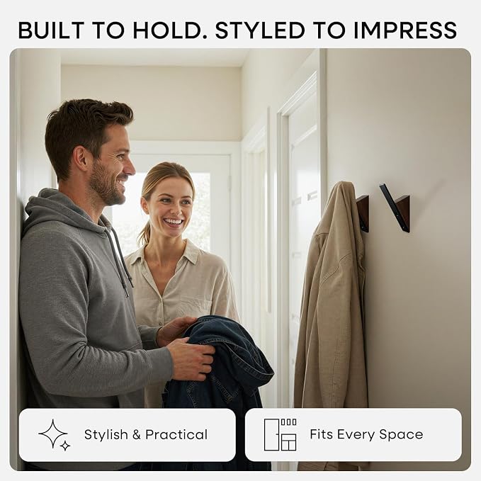 Homeforia Walnut Wood Coat Hooks, High End Walnut Wood & Black Metal Wall - Image 2