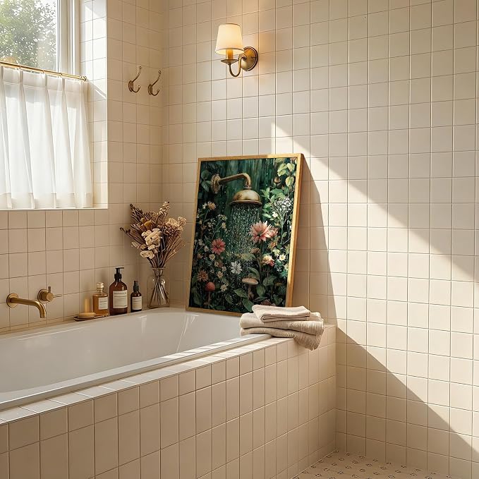 AtterrirArt Framed Bathroom Funny Wall Art, 16 * 24inch, Vintage Floral Shower - Image 2