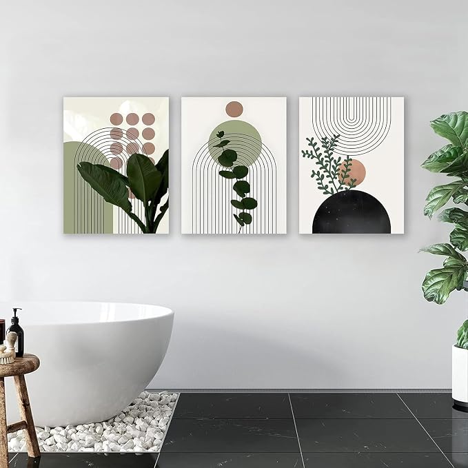 Sage Green Boho Wall Art, KBKBART Abstract Framed Canvas Wall Art Palm Leaf Sun - Image 5
