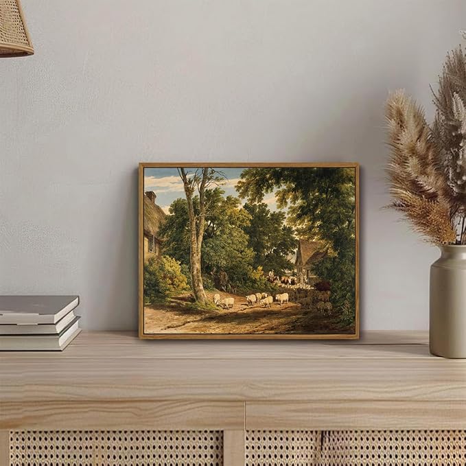 OIQArtOIQ Vintage Framed Wall Art Rural Farm Scene Canvas Art Prints - Image 2