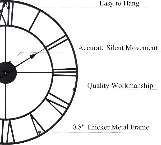 30 Inch Wall Clock Decorative, Oversized Large Black Metal Roman Numeral Silent - Image 2