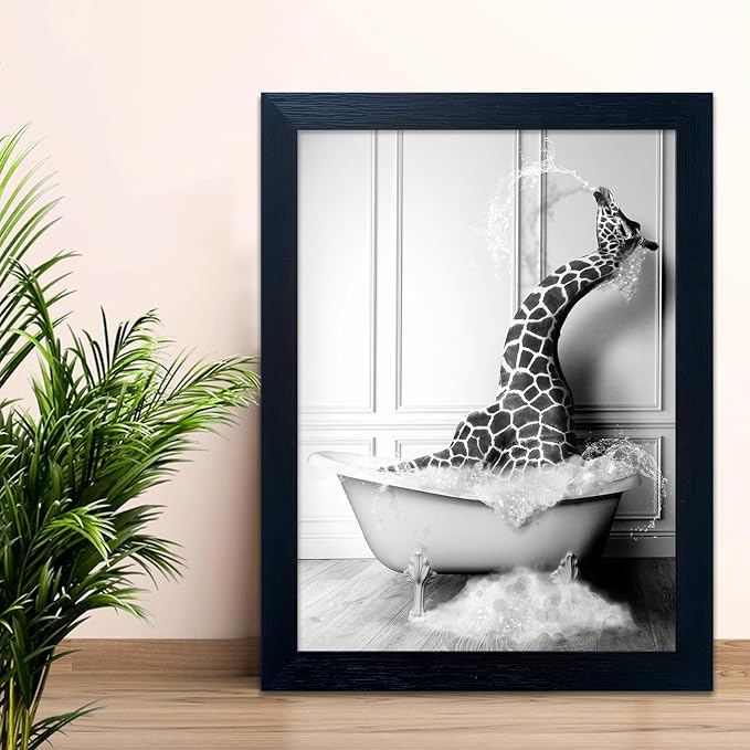 Black and White Bathroom Wall Art Funny Giraffe in Bathtub Wall Decor Framed - Image 5