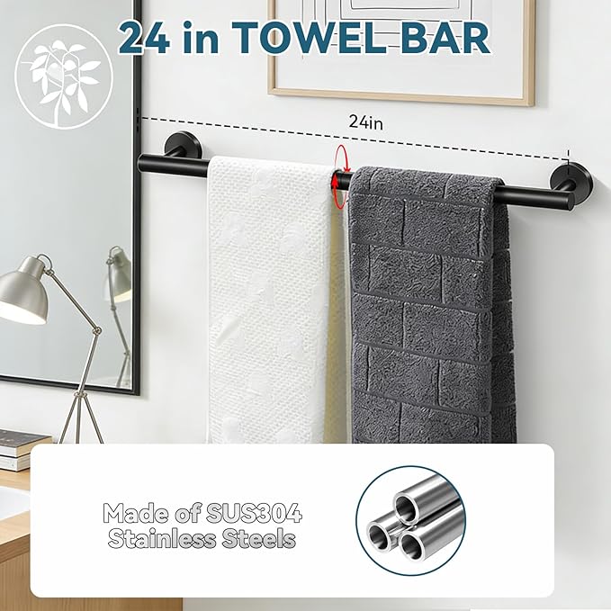 5-Piece Matte Black Bathroom Accessories Set, 24-Inch Wall-Mounted Towel Bar - Image 4