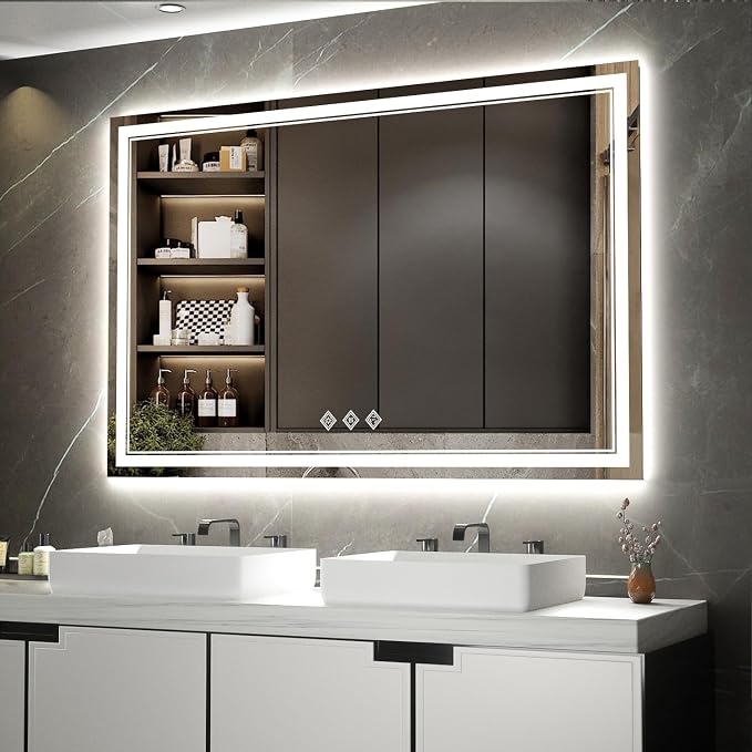 Bathroom Mirror with Lights, 60x40 Inch Gradient Front and Backlit Mirror by VanPokins-GlobalHighEndLEDBathroomMirrorBrand