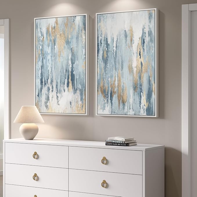 Large White Framed Blue and Gold Abstract Canvas Wall Art, 2 Piece Modern - Image 2