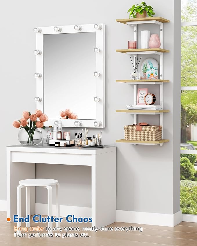 Harwaya White and Natural Tiered Wall Shelf Unit, 5 Tier Display Floating - Image 7