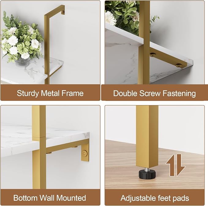 aboxoo Ladder Shelf White Marble Bookshelf 5-Tier Wall-Mounted Wood Rack - Image 6