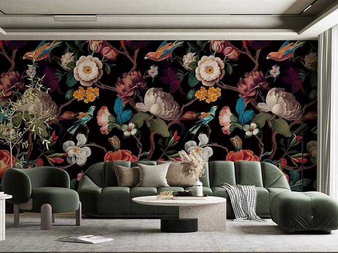 Zeeko Floral Wallpaper Black Peel and Stick Wall Mural Canvas Fabric Vintage - Image 5