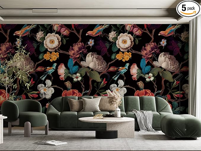 Zeeko Floral Peel and Stick Wall Mural Black Flower Wallpaper by Zeeko
