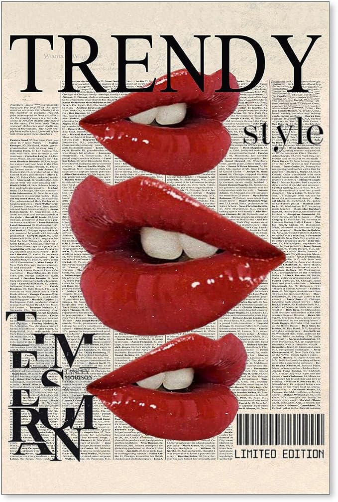jkahh Trendy Y2k Newspaper Wall Art Vintage Red Lips Kiss Prints Poster Fashion by Unknown