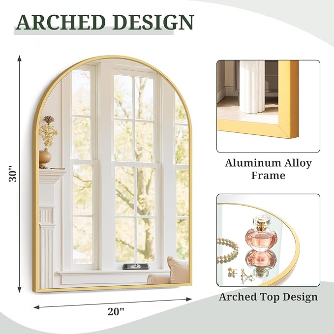 Arched Wall Mirror 30x20 Inch Gold Bathroom Vanity Mirror - Image 3