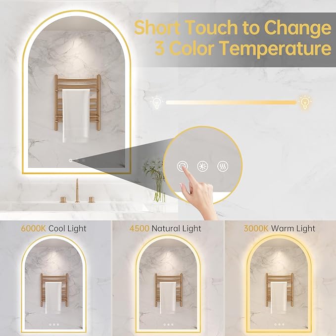 24"x36" Arched LED Mirror for Bathroom, Brushed Gold Lighted Bathroom Mirror - Image 3