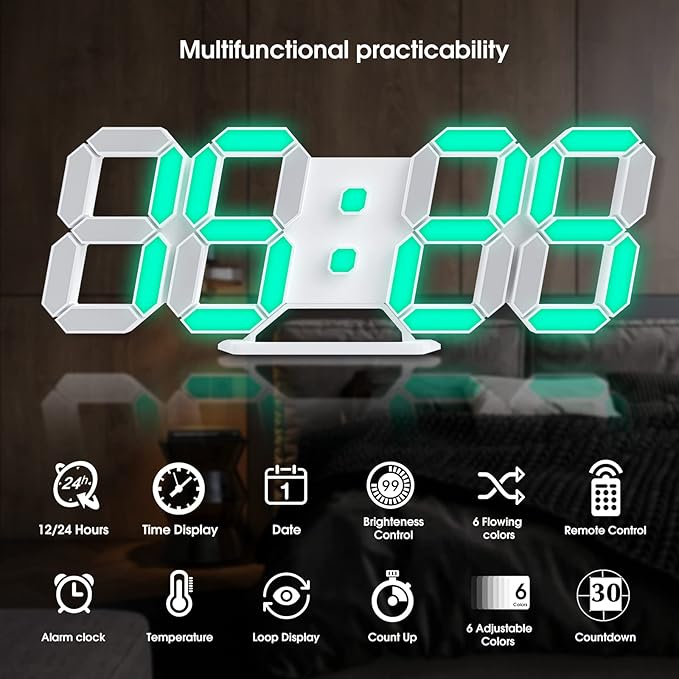 3D LED Digital Wall Clock 9.7" RGB Neon Alarm Clock, Large Display Desk/Wall - Image 3
