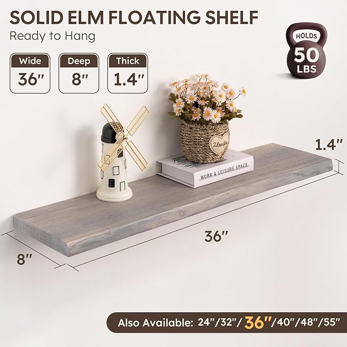 Live Edge Floating Shelves Set of 2, 36 Inch Solid Elm Wood Wall Shelves - Image 3
