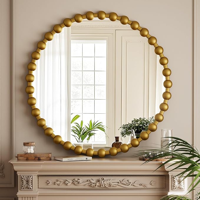 Easly Round Mirror for Wall, 32 Inch Gold Beaded Frame Decorative Vanity Mirror - Image 3