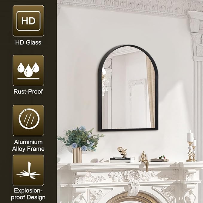 Black Arched Mirror, Modern Bathroom Wall Mirror Aluminum Alloy Framed Mirror - Image 7