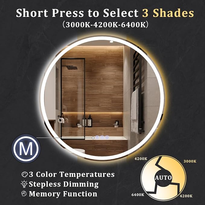 BEAUTYPEAK 28x28 LED Round Bathroom Mirror - Image 3