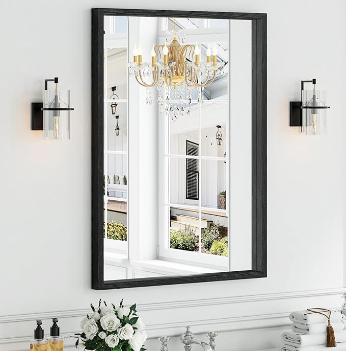 Syndra Black Wood Frame Bathroom Mirror, Waterproof Slim Deep Frame, by Syndra