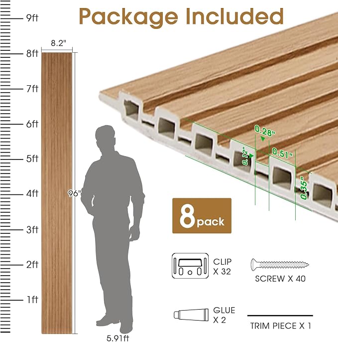 WPC Slat Wall Panels 8 Pack 96" x 8.2", Waterproof Fluted Wall Paneling - Image 5