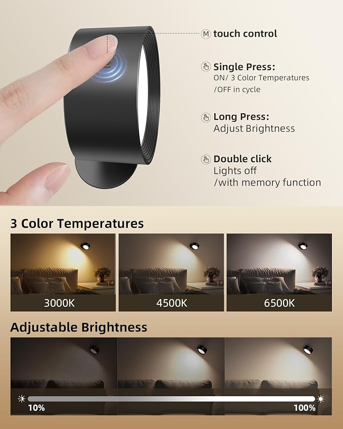 LED Wall Mounted Lights, Rechargeable Wall Sconces Lamp, 3 Color Temps & Remote - Image 5