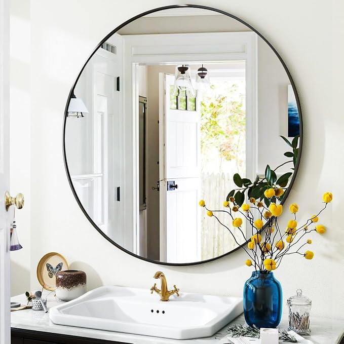 VooBang Black Round Bathroom Mirror, 24 inch Circle Wall Mounted Hanging Mirror by VooBang