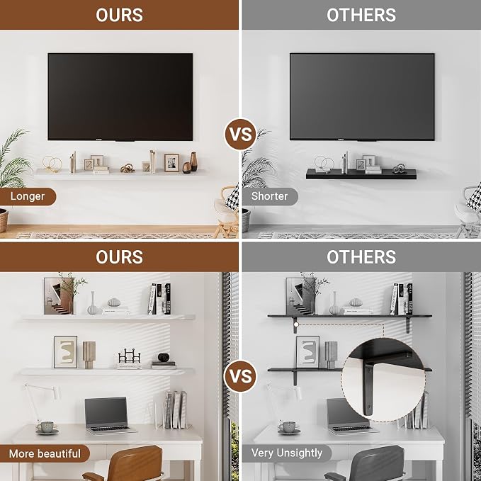 40 Inches Floating Shelves for Wall, 9.3" Deep White Long Floating Shelves Set - Image 4