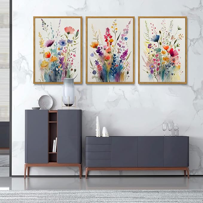 KISSFOX Framed Colorful Wildflower Canvas Wall Art Set Of 3 Flowers Pictures - Image 5