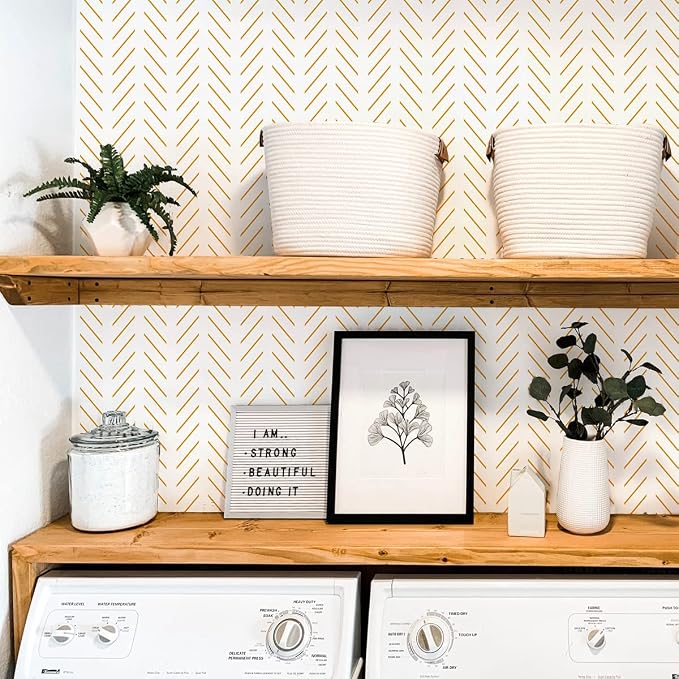 Erfoni Yellow and White Peel and Stick Wallpaper Modern Herringbone Wallpaper - Image 4