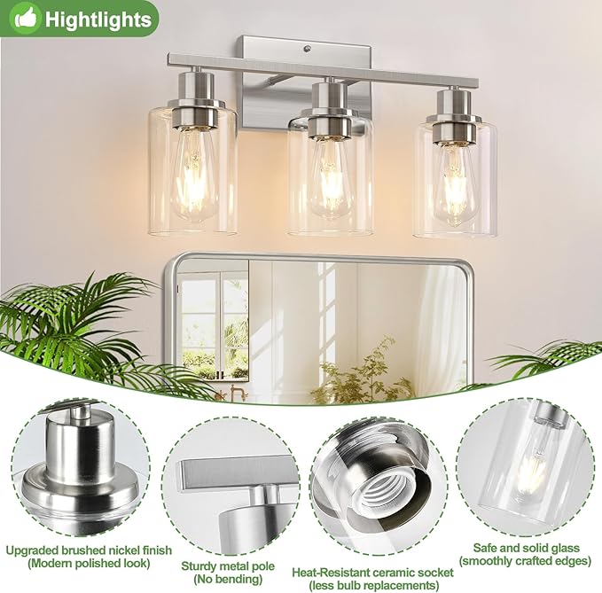 Indoi 3-Light Bathroom Light Fixtures, Brushed Nickel Vanity Lights - Image 3