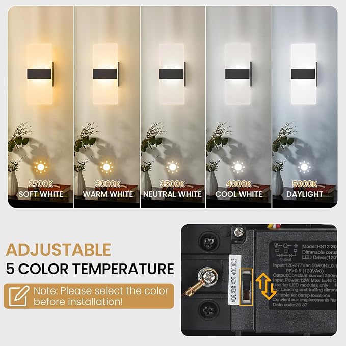 Modern LED Wall Sconces, 12 Inch Indoor Black Wall Lights, 12W 2700K-5000K - Image 3