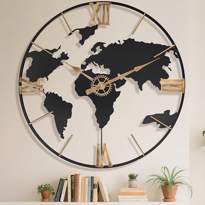Pytha Sight 30 Inch Large Modern Decorative Metal World Map Wall Clocks Giant by Pytha+Sight