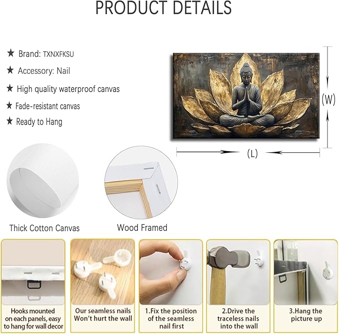 Large Buddha Lotus Canvas Wall Art Abstract Gold and Grey Zen Buddhism Decor - Image 2