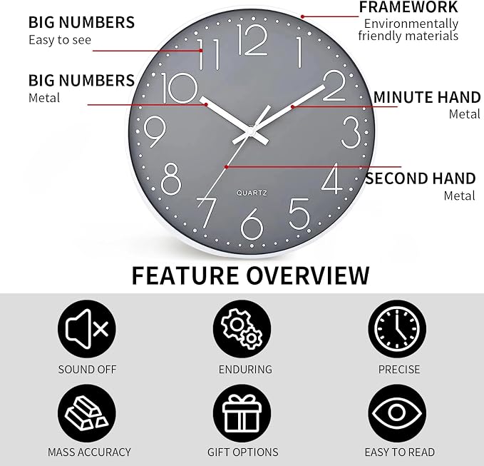 SIN&MI Wall Clock Silent & Non Ticking Modern Quartz Battery Operated Digital - Image 3