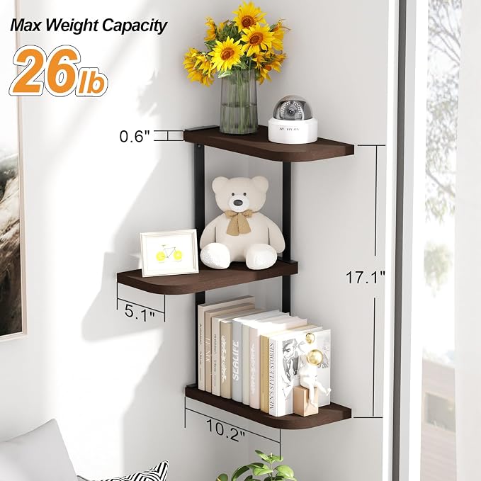 Love-KANKEI Corner Shelf Wall Mount of 3 Tier Rustic Wood Floating Shelves - Image 3