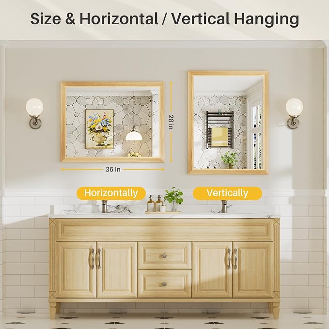 28x36 Inch Bathroom Mirror for Wall, Anti-Rust Oak Wood Grain Metal Framed - Image 7