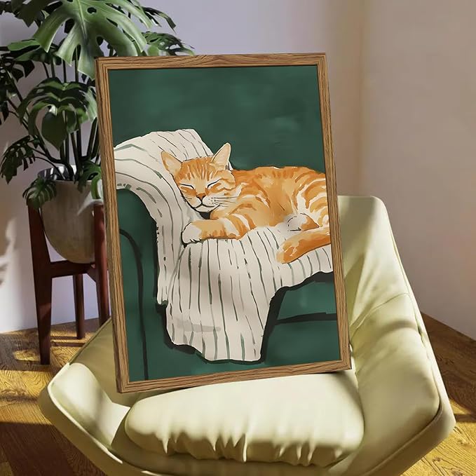 Funny Cat Wall Art Cute Cat Sleeping on Couch Wall Decor Painting Orange Pet - Image 6