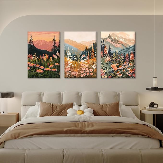 KBKBART Boho Colorful Landscape wall art Set of 3, Wildflower Mountain Wall - Image 4