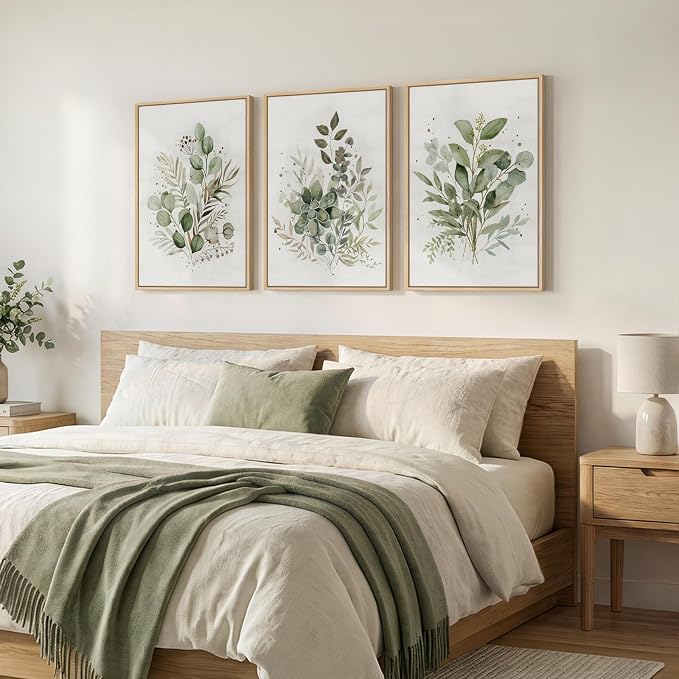 Framed Botanical Wall Art for Living Room, 3 Piece Neutral Sage Green - Image 2